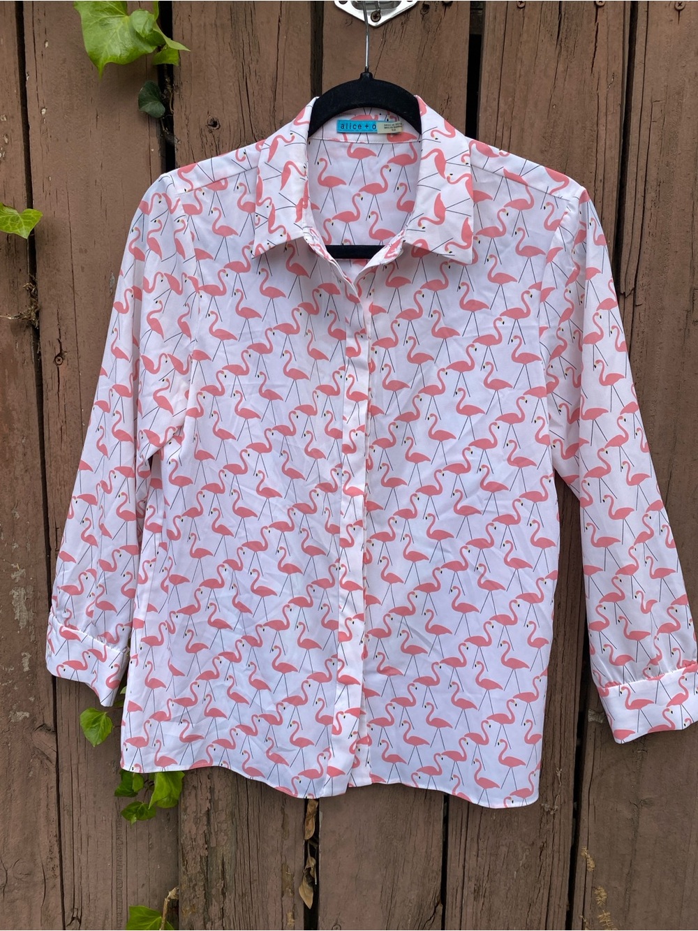 Alice + Olivia Willa Garden Flamingo Pink White Blouse Top Shirt Bird